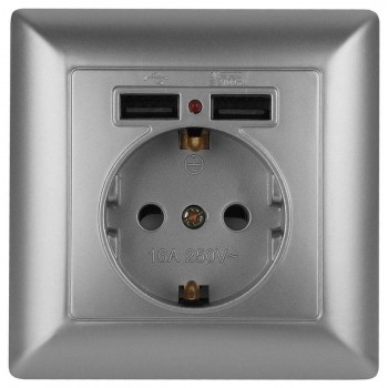 Розетка ЭРА Intro Solo Schuko P+E 16A 250V со шторками 2хUSB серебро 4-410-03 Б0043405